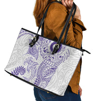 Aotearoa Maori Sea Animals Tribal Leather Tote Bag Manta Ray and Shark Moko Pattern Purple Color