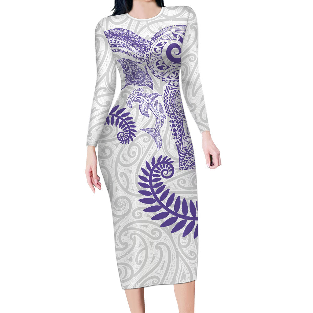 Aotearoa Maori Sea Animals Tribal Long Sleeve Bodycon Dress Manta Ray and Shark Moko Pattern Purple Color