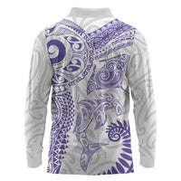 Aotearoa Maori Sea Animals Tribal Long Sleeve Polo Shirt Manta Ray and Shark Moko Pattern Purple Color