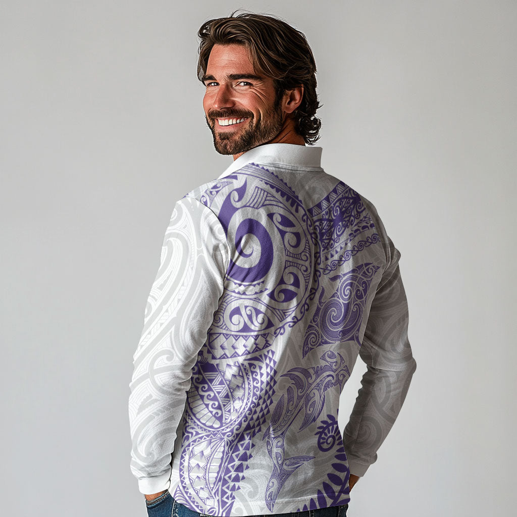 Aotearoa Maori Sea Animals Tribal Long Sleeve Polo Shirt Manta Ray and Shark Moko Pattern Purple Color