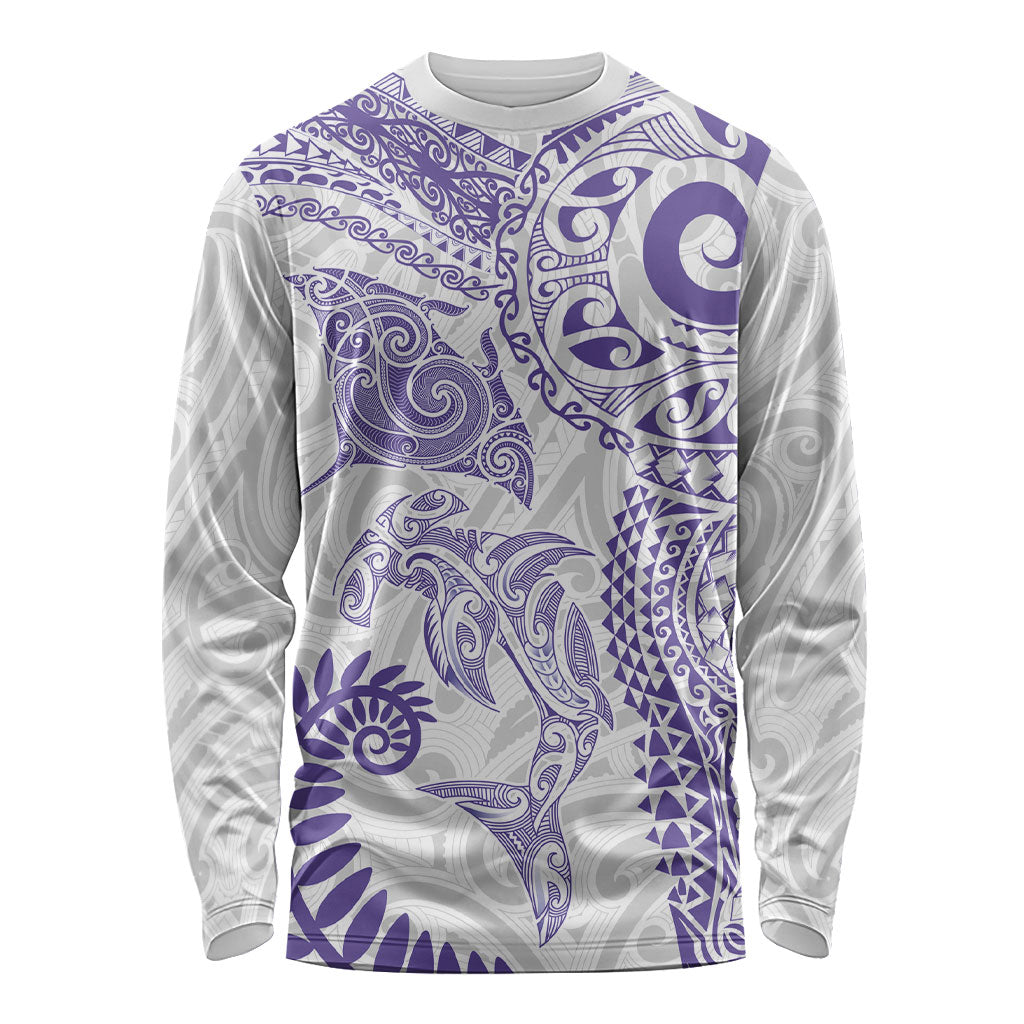 Aotearoa Maori Sea Animals Tribal Long Sleeve Shirt Manta Ray and Shark Moko Pattern Purple Color