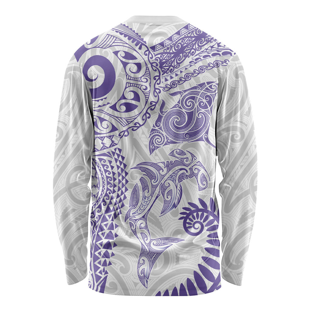 Aotearoa Maori Sea Animals Tribal Long Sleeve Shirt Manta Ray and Shark Moko Pattern Purple Color LT03 - Polynesian Pride