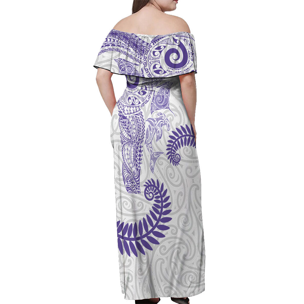 Aotearoa Maori Sea Animals Tribal Off Shoulder Maxi Dress Manta Ray and Shark Moko Pattern Purple Color