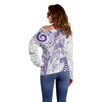 Aotearoa Maori Sea Animals Tribal Off Shoulder Sweater Manta Ray and Shark Moko Pattern Purple Color