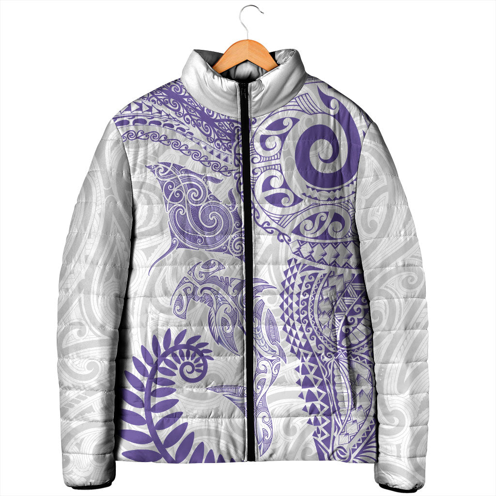Aotearoa Maori Sea Animals Tribal Padded Jacket Manta Ray and Shark Moko Pattern Purple Color