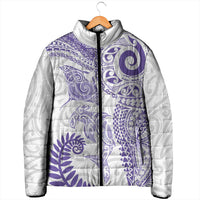 Aotearoa Maori Sea Animals Tribal Padded Jacket Manta Ray and Shark Moko Pattern Purple Color