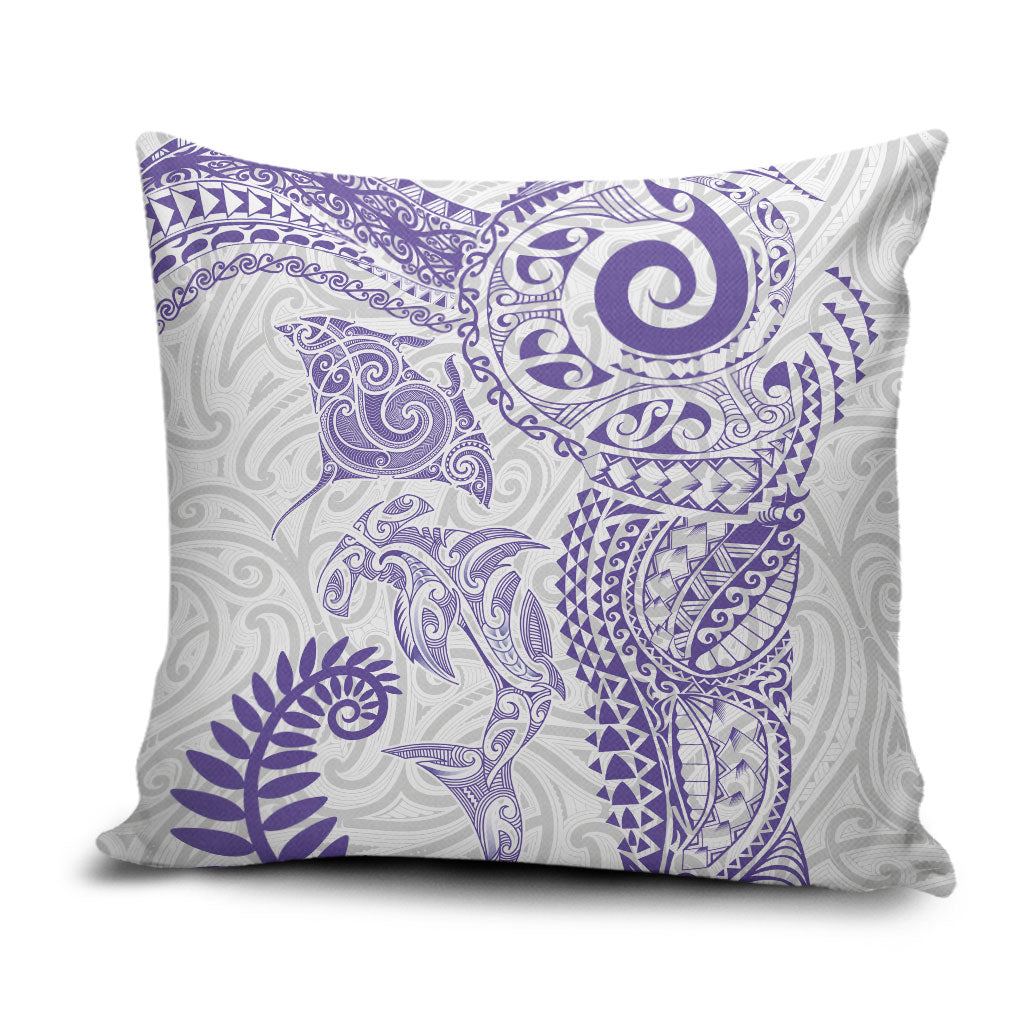 Aotearoa Maori Sea Animals Tribal Pillow Cover Manta Ray and Shark Moko Pattern Purple Color
