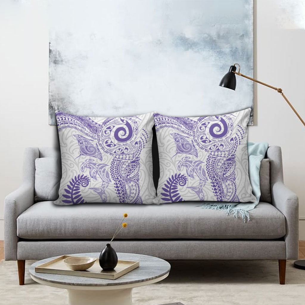 Aotearoa Maori Sea Animals Tribal Pillow Cover Manta Ray and Shark Moko Pattern Purple Color