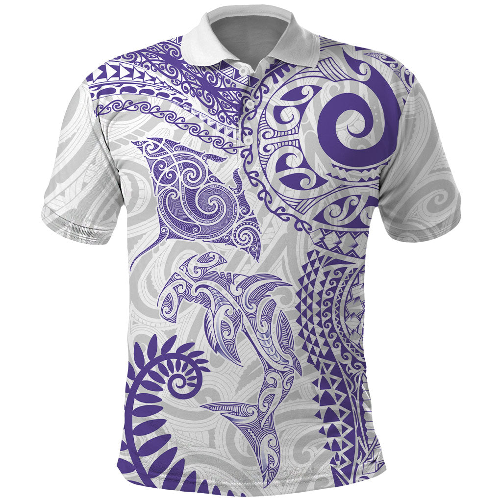 Aotearoa Maori Sea Animals Tribal Polo Shirt Manta Ray and Shark Moko Pattern Purple Color