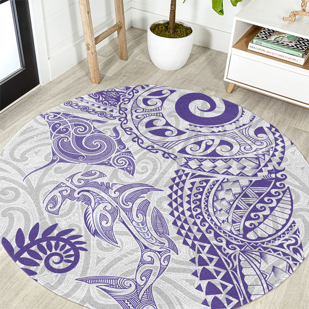 Aotearoa Maori Sea Animals Tribal Round Carpet Manta Ray and Shark Moko Pattern Purple Color