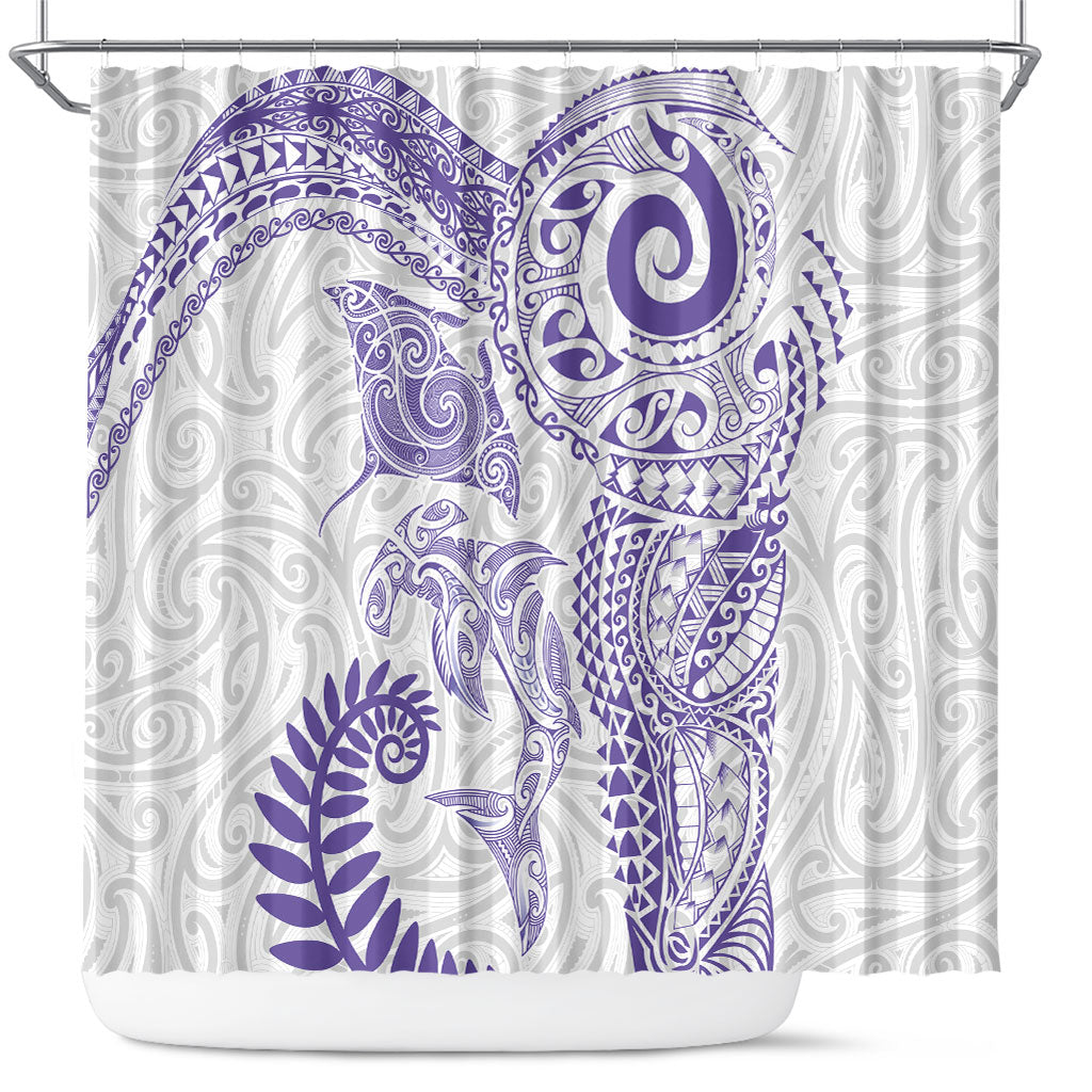 Aotearoa Maori Sea Animals Tribal Shower Curtain Manta Ray and Shark Moko Pattern Purple Color
