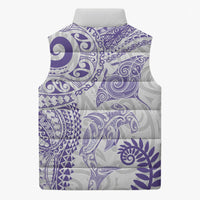 Aotearoa Maori Sea Animals Tribal Sleeveless Puffer Jacket Manta Ray and Shark Moko Pattern Purple Color