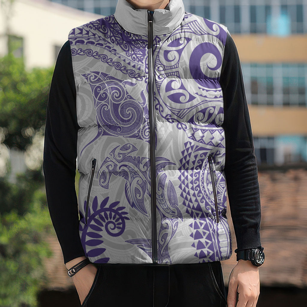 Aotearoa Maori Sea Animals Tribal Sleeveless Puffer Jacket Manta Ray and Shark Moko Pattern Purple Color