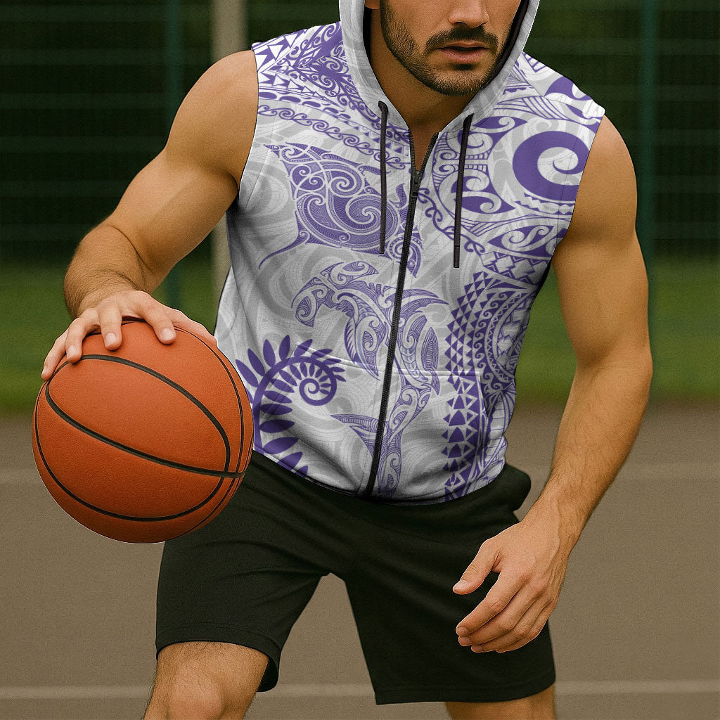 Aotearoa Maori Sea Animals Tribal Sleeveless Zip Hoodie Manta Ray and Shark Moko Pattern Purple Color