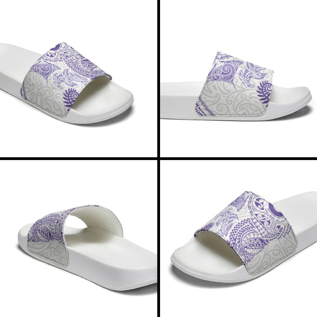 Aotearoa Maori Sea Animals Tribal Slide Sandals Manta Ray and Shark Moko Pattern Purple Color