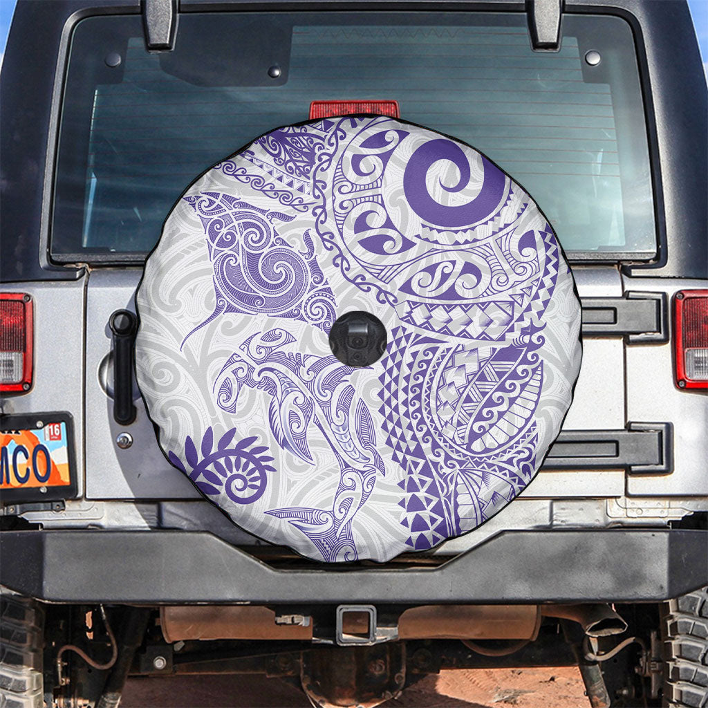 Aotearoa Maori Sea Animals Tribal Spare Tire Cover Manta Ray and Shark Moko Pattern Purple Color