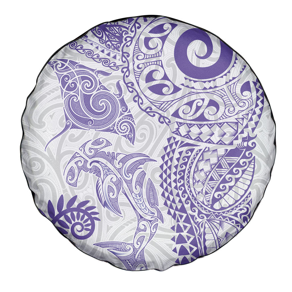 Aotearoa Maori Sea Animals Tribal Spare Tire Cover Manta Ray and Shark Moko Pattern Purple Color