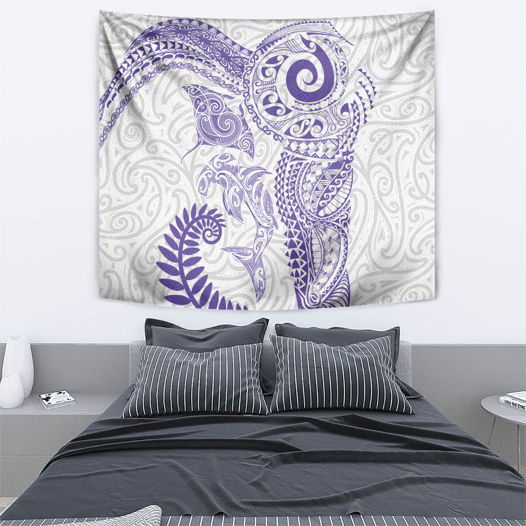 Aotearoa Maori Sea Animals Tribal Tapestry Manta Ray and Shark Moko Pattern Purple Color