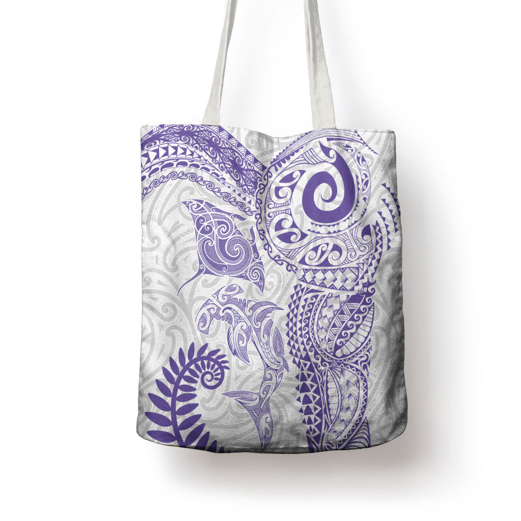 Aotearoa Maori Sea Animals Tribal Tote Bag Manta Ray and Shark Moko Pattern Purple Color