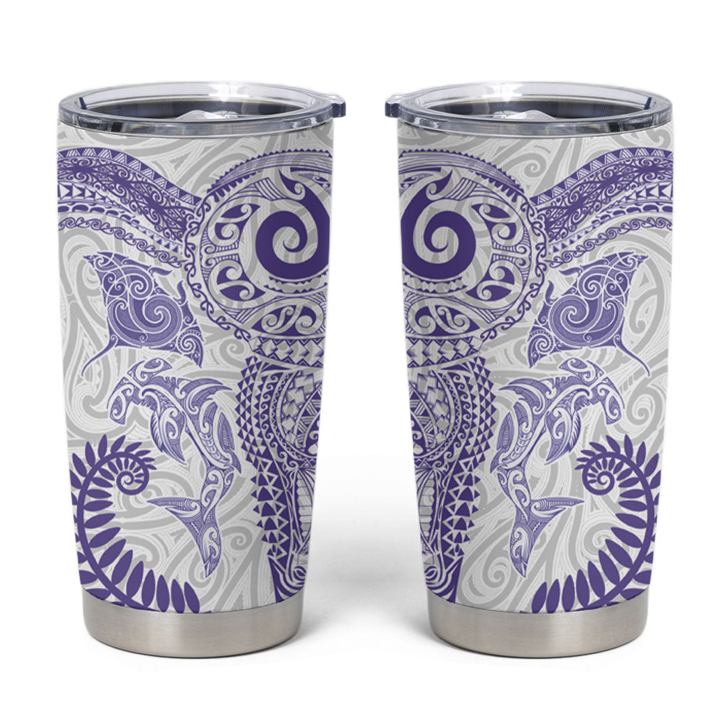 Aotearoa Maori Sea Animals Tribal Tumbler Cup Manta Ray and Shark Moko Pattern Purple Color