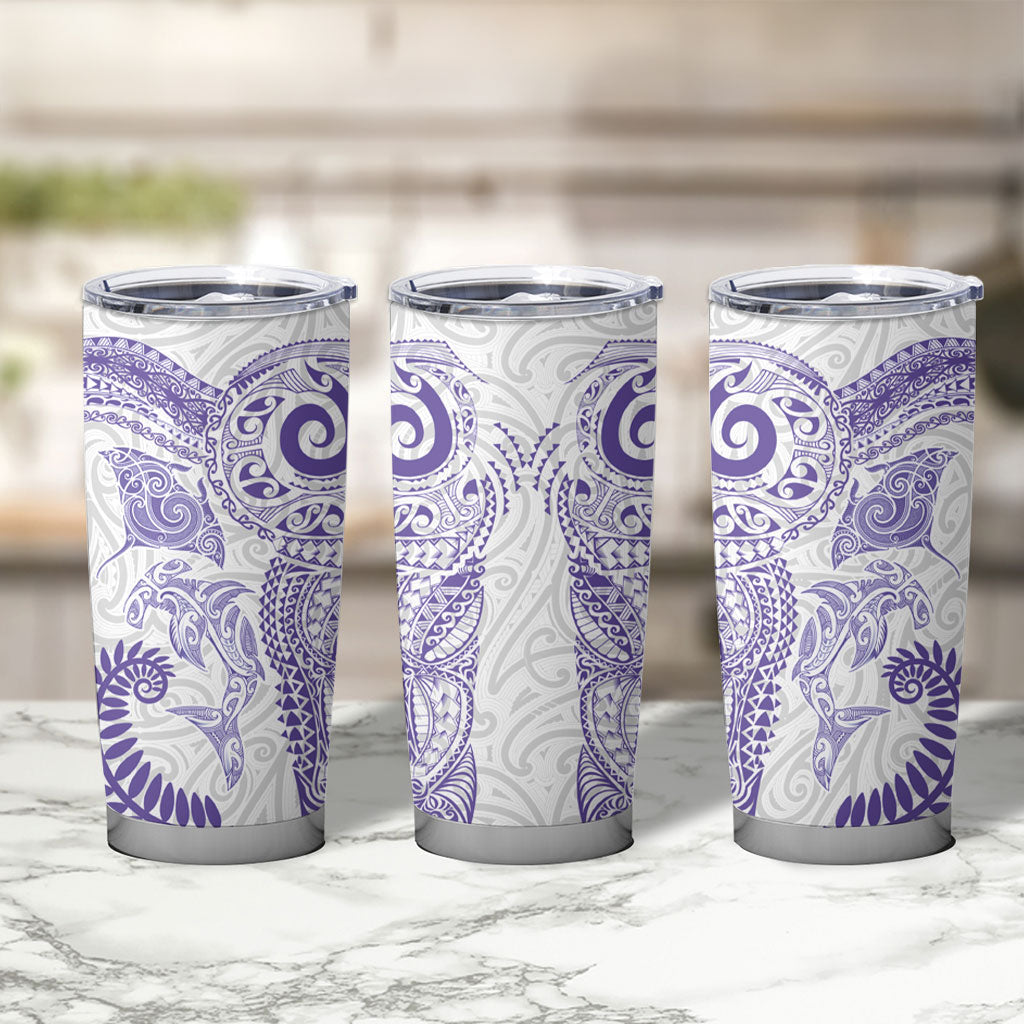 Aotearoa Maori Sea Animals Tribal Tumbler Cup Manta Ray and Shark Moko Pattern Purple Color