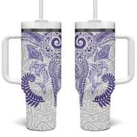 Aotearoa Maori Sea Animals Tribal Tumbler With Handle Manta Ray and Shark Moko Pattern Purple Color