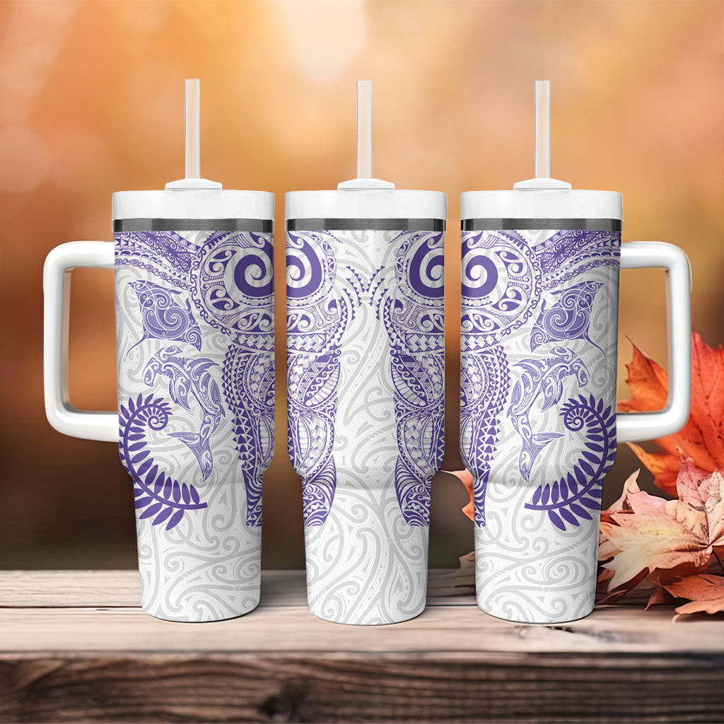 Aotearoa Maori Sea Animals Tribal Tumbler With Handle Manta Ray and Shark Moko Pattern Purple Color