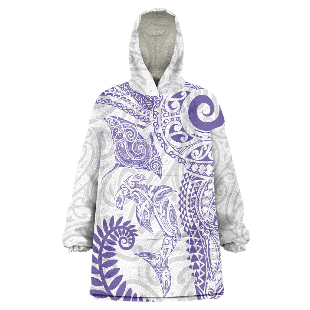 Aotearoa Maori Sea Animals Tribal Wearable Blanket Hoodie Manta Ray and Shark Moko Pattern Purple Color