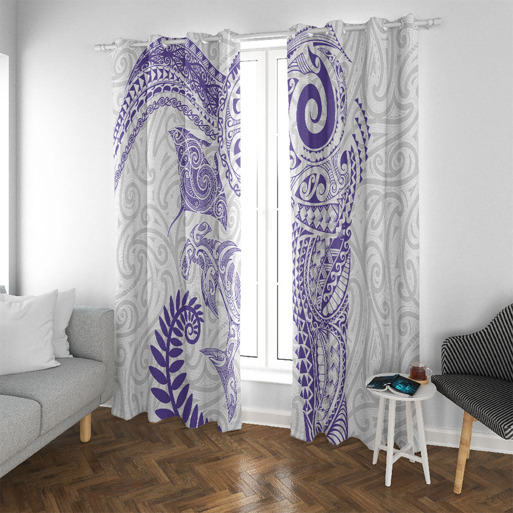 Aotearoa Maori Sea Animals Tribal Window Curtain Manta Ray and Shark Moko Pattern Purple Color