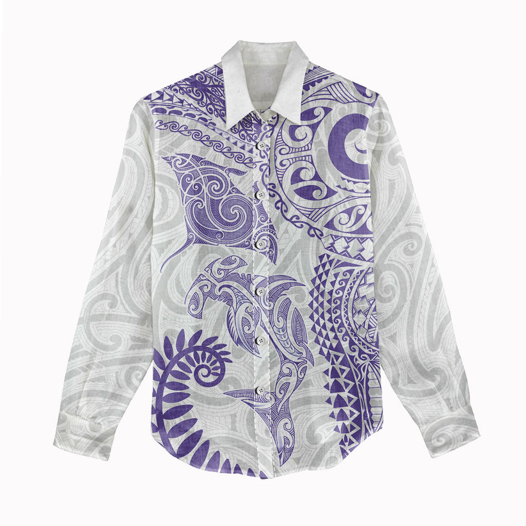 Aotearoa Maori Sea Animals Tribal Women Casual Shirt Manta Ray and Shark Moko Pattern Purple Color LT03 - Polynesian Pride