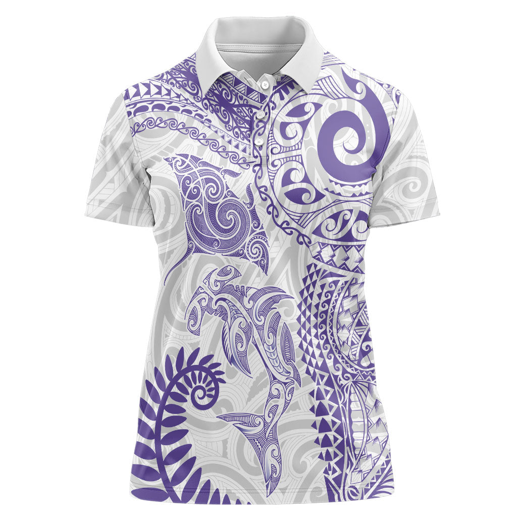 Aotearoa Maori Sea Animals Tribal Women Polo Shirt Manta Ray and Shark Moko Pattern Purple Color LT03 Female Purple - Polynesian Pride