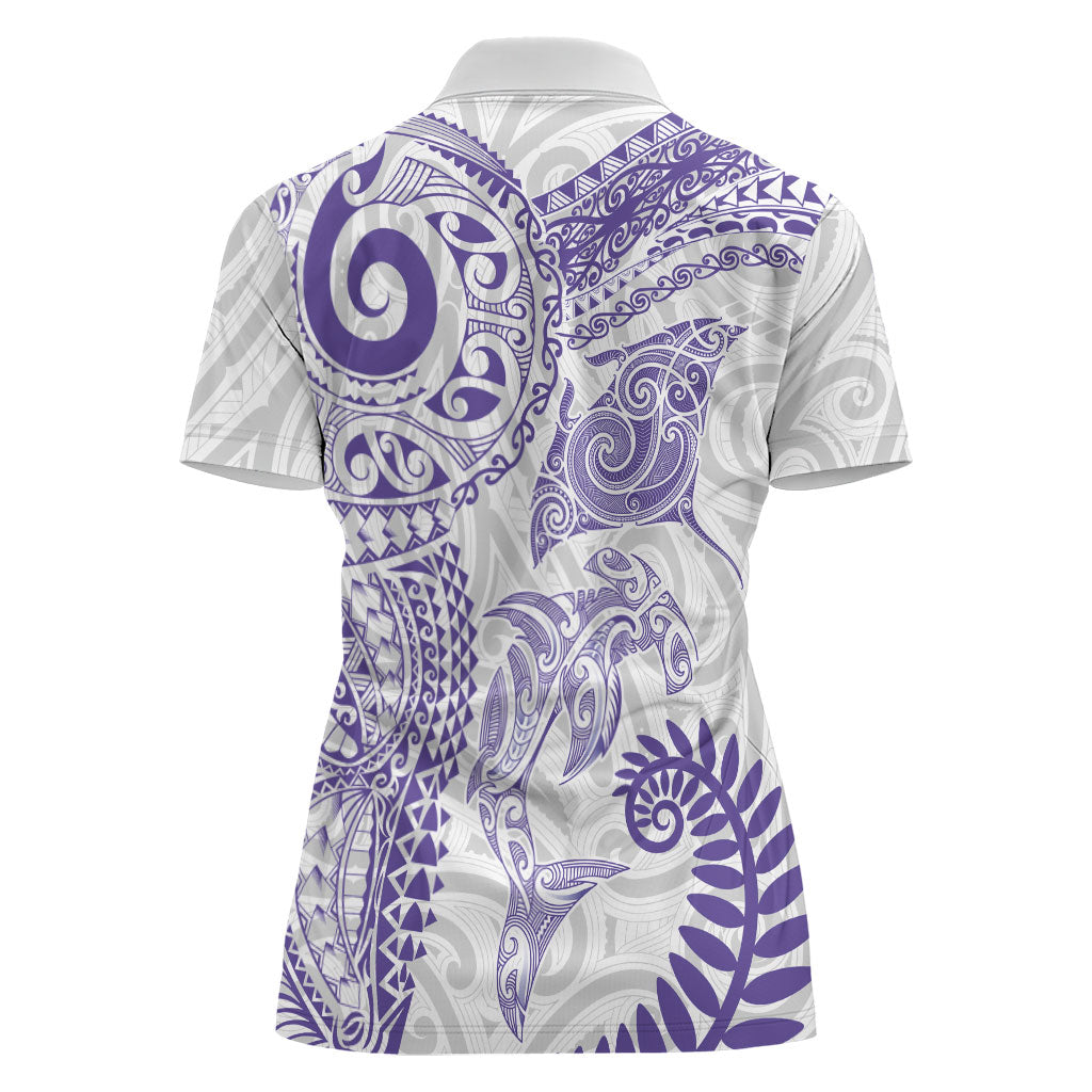 Aotearoa Maori Sea Animals Tribal Women Polo Shirt Manta Ray and Shark Moko Pattern Purple Color LT03 - Polynesian Pride