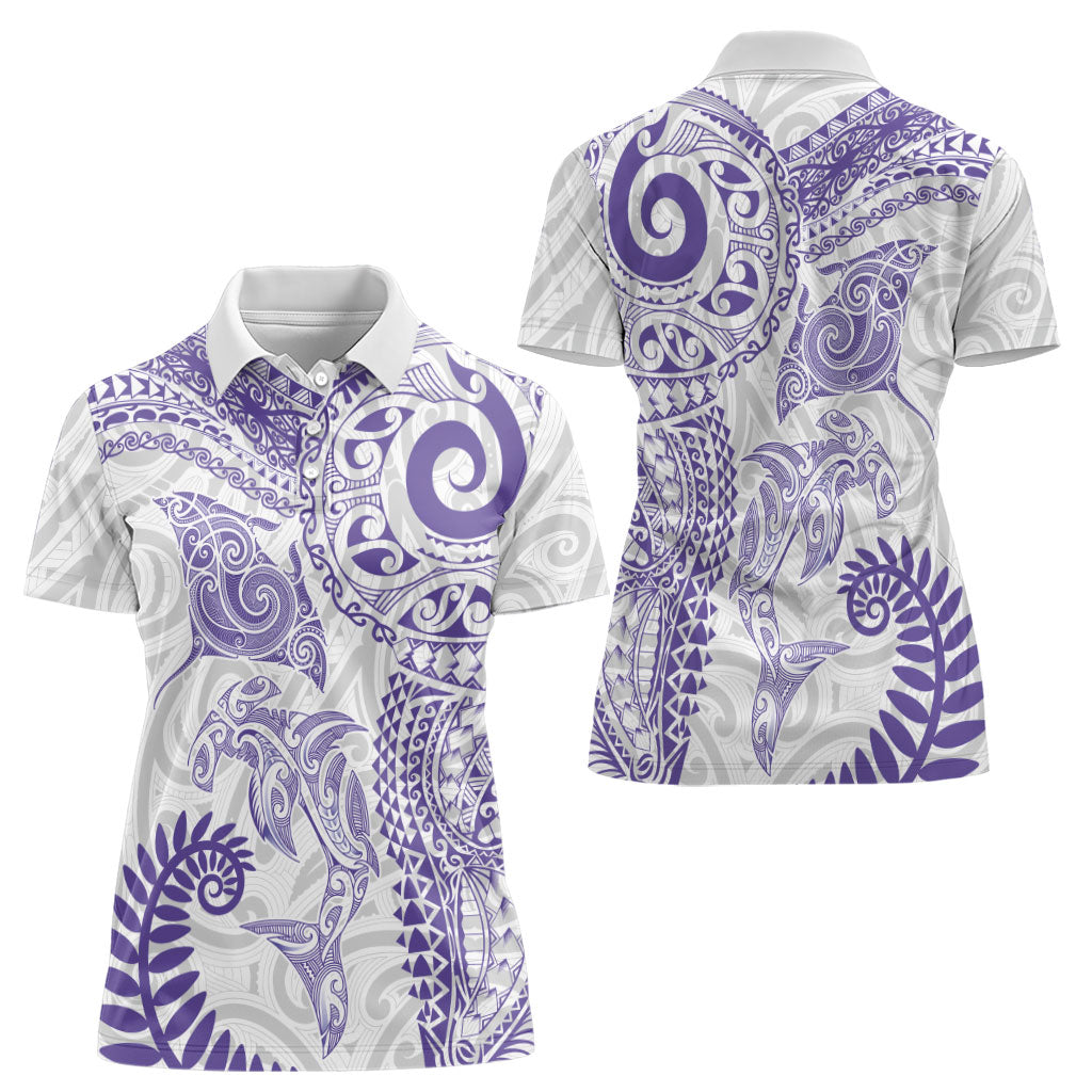 Aotearoa Maori Sea Animals Tribal Women Polo Shirt Manta Ray and Shark Moko Pattern Purple Color LT03 - Polynesian Pride