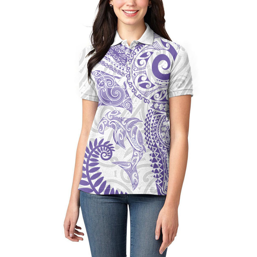 Aotearoa Maori Sea Animals Tribal Women Polo Shirt Manta Ray and Shark Moko Pattern Purple Color LT03 - Polynesian Pride