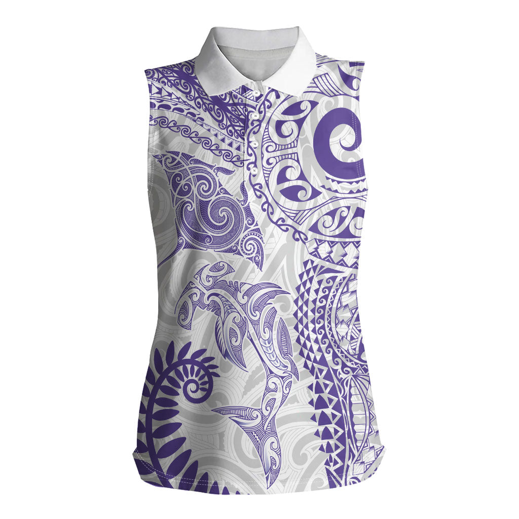 Aotearoa Maori Sea Animals Tribal Women Sleeveless Polo Shirt Manta Ray and Shark Moko Pattern Purple Color LT03 Female Purple - Polynesian Pride