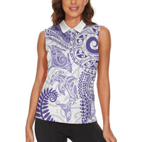 Aotearoa Maori Sea Animals Tribal Women Sleeveless Polo Shirt Manta Ray and Shark Moko Pattern Purple Color LT03 - Polynesian Pride