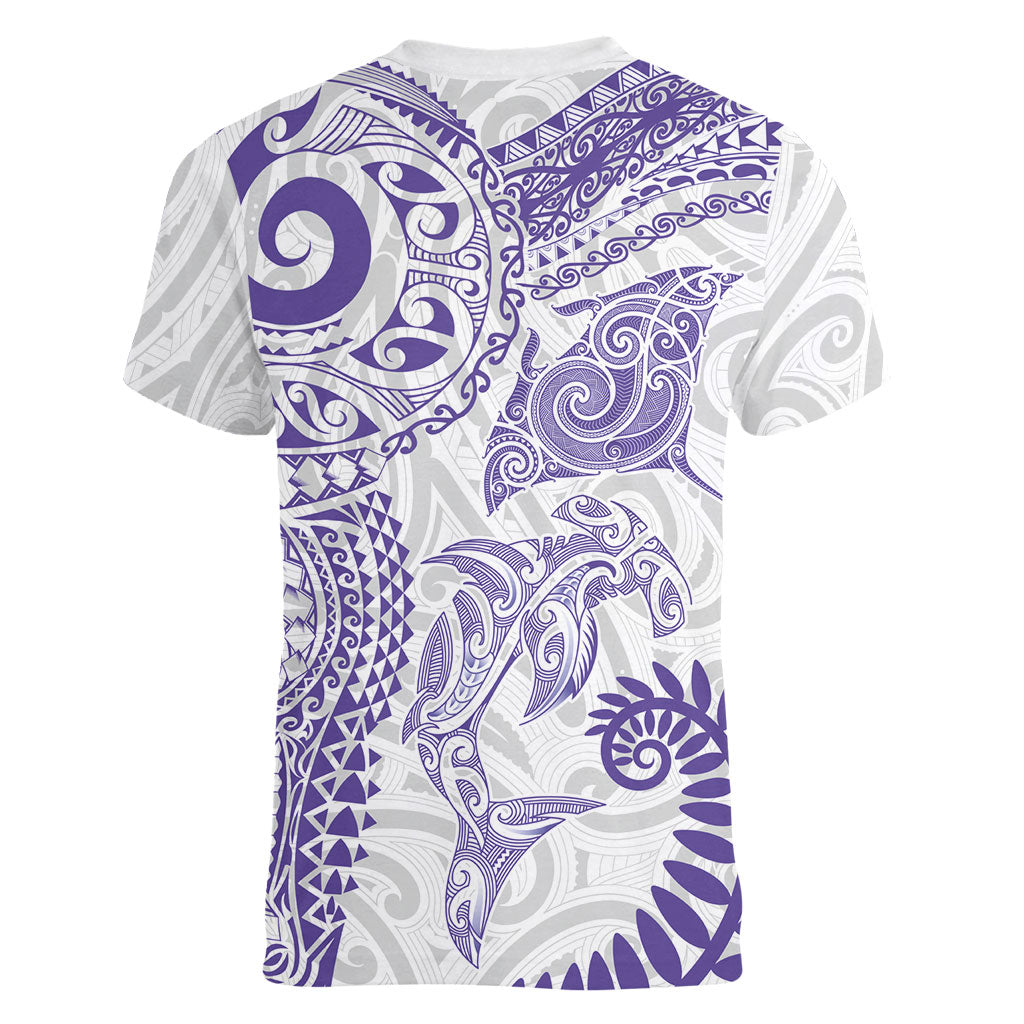 Aotearoa Maori Sea Animals Tribal Women V-Neck T-Shirt Manta Ray and Shark Moko Pattern Purple Color LT03 - Polynesian Pride