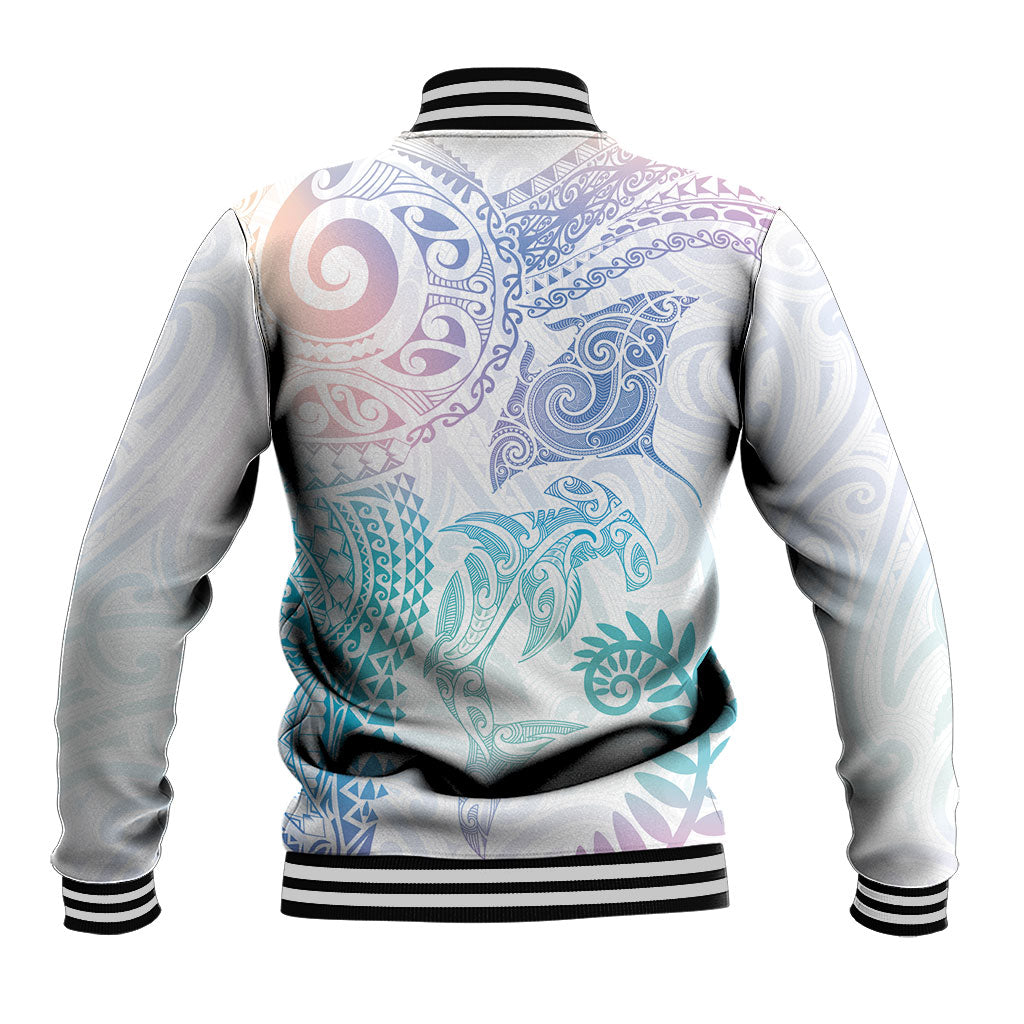 Aotearoa Maori Sea Animals Tribal Baseball Jacket Manta Ray and Shark Moko Pattern Sweet Pastel