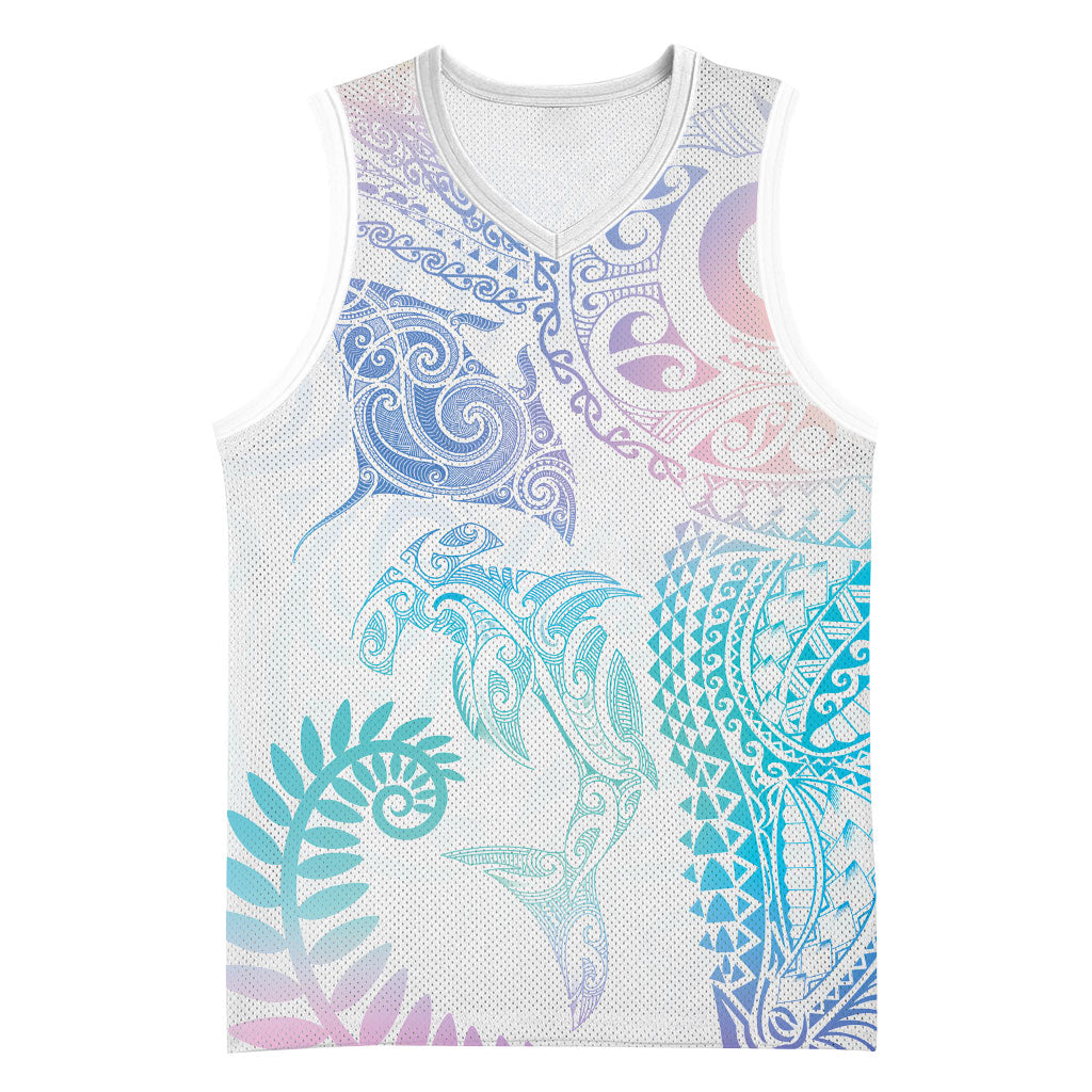 Aotearoa Maori Sea Animals Tribal Basketball Jersey Manta Ray and Shark Moko Pattern Sweet Pastel