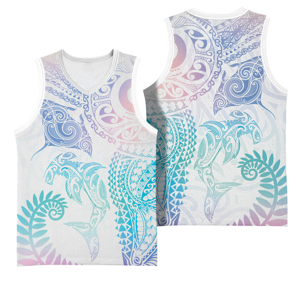 Aotearoa Maori Sea Animals Tribal Basketball Jersey Manta Ray and Shark Moko Pattern Sweet Pastel