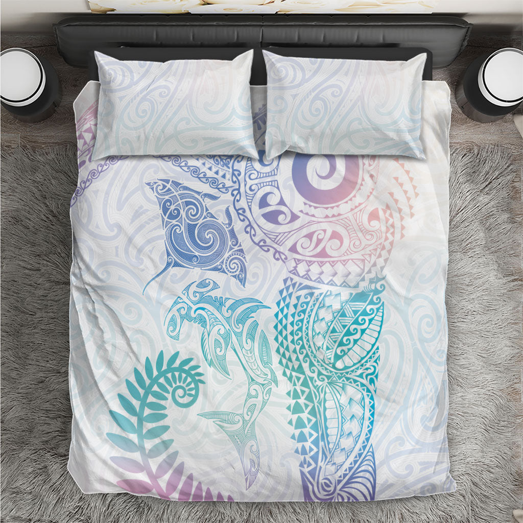 Aotearoa Maori Sea Animals Tribal Bedding Set Manta Ray and Shark Moko Pattern Sweet Pastel
