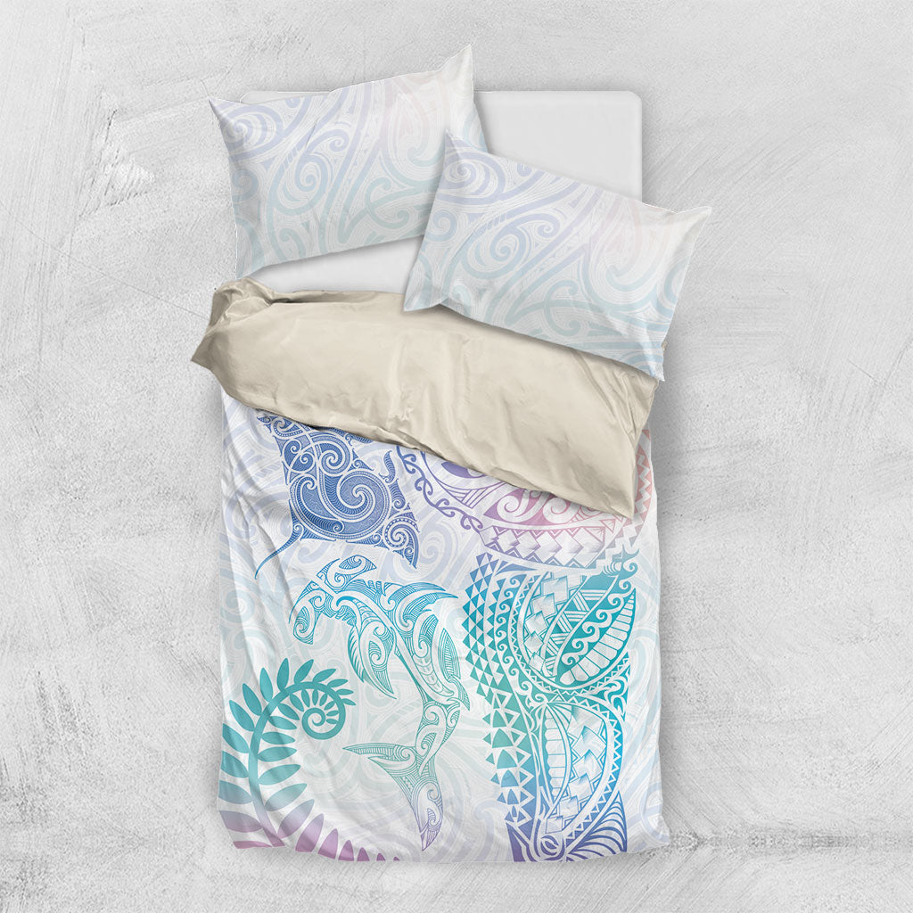 Aotearoa Maori Sea Animals Tribal Bedding Set Manta Ray and Shark Moko Pattern Sweet Pastel