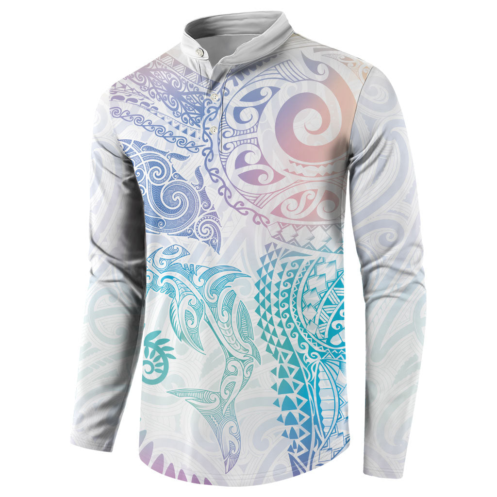 Aotearoa Maori Sea Animals Tribal Button Sweatshirt Manta Ray and Shark Moko Pattern Sweet Pastel