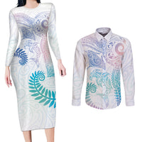 Aotearoa Maori Sea Animals Tribal Couples Matching Long Sleeve Bodycon Dress and Long Sleeve Button Shirt Manta Ray and Shark Moko Pattern Sweet Pastel LT03 Multicolor - Polynesian Pride