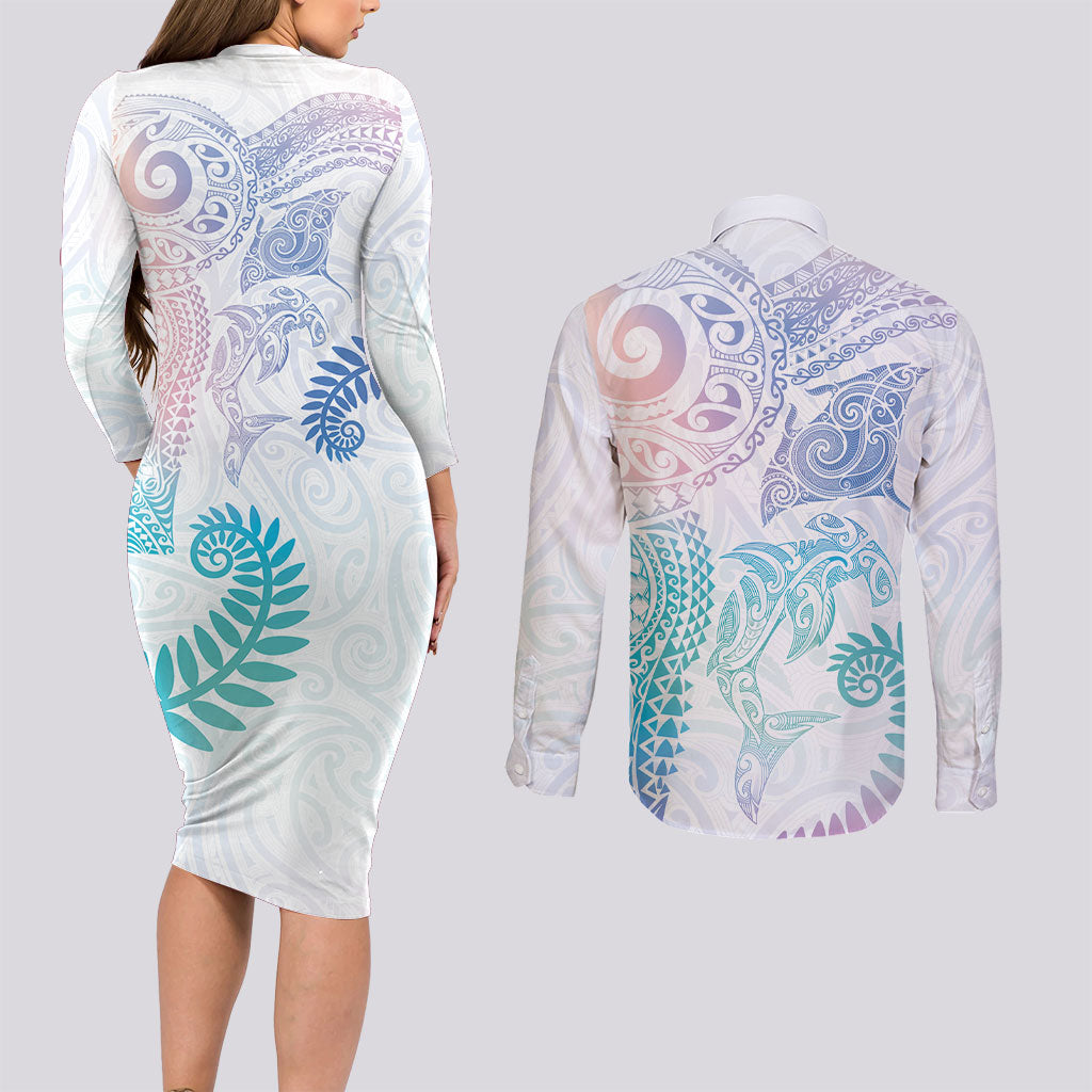Aotearoa Maori Sea Animals Tribal Couples Matching Long Sleeve Bodycon Dress and Long Sleeve Button Shirt Manta Ray and Shark Moko Pattern Sweet Pastel LT03 - Polynesian Pride