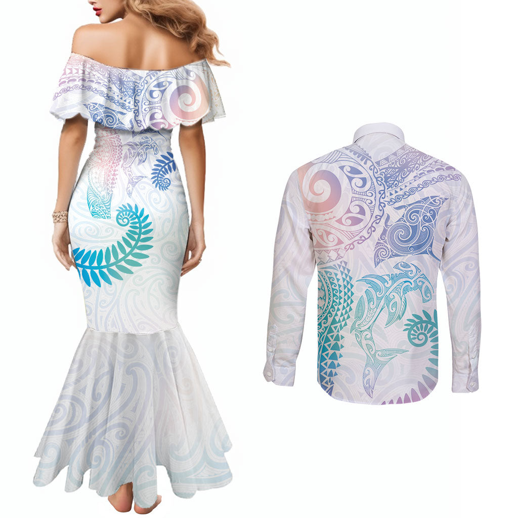 Aotearoa Maori Sea Animals Tribal Couples Matching Mermaid Dress and Long Sleeve Button Shirt Manta Ray and Shark Moko Pattern Sweet Pastel LT03 - Polynesian Pride