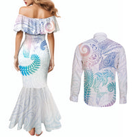 Aotearoa Maori Sea Animals Tribal Couples Matching Mermaid Dress and Long Sleeve Button Shirt Manta Ray and Shark Moko Pattern Sweet Pastel LT03 - Polynesian Pride