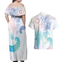 Aotearoa Maori Sea Animals Tribal Couples Matching Off Shoulder Maxi Dress and Hawaiian Shirt Manta Ray and Shark Moko Pattern Sweet Pastel LT03 - Polynesian Pride