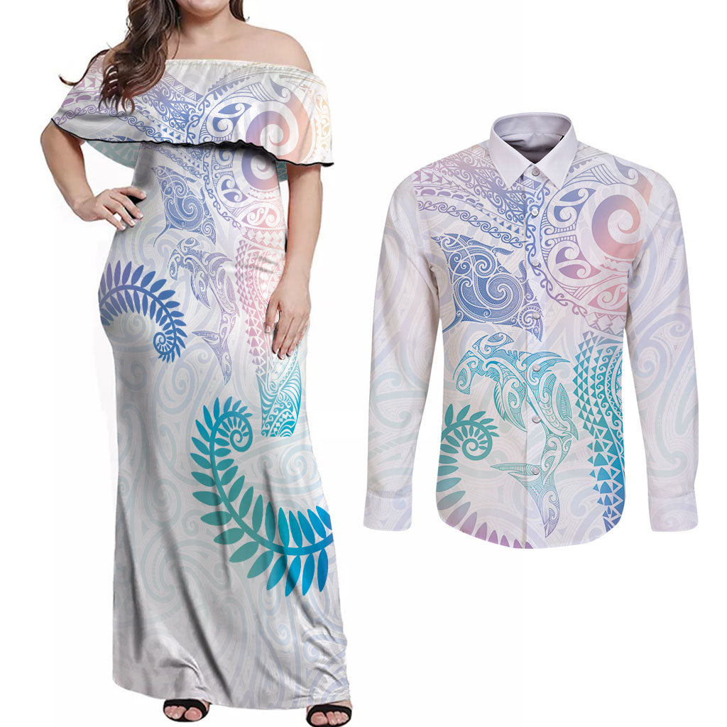 Aotearoa Maori Sea Animals Tribal Couples Matching Off Shoulder Maxi Dress and Long Sleeve Button Shirt Manta Ray and Shark Moko Pattern Sweet Pastel LT03 Multicolor - Polynesian Pride