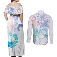 Aotearoa Maori Sea Animals Tribal Couples Matching Off Shoulder Maxi Dress and Long Sleeve Button Shirt Manta Ray and Shark Moko Pattern Sweet Pastel LT03 - Polynesian Pride